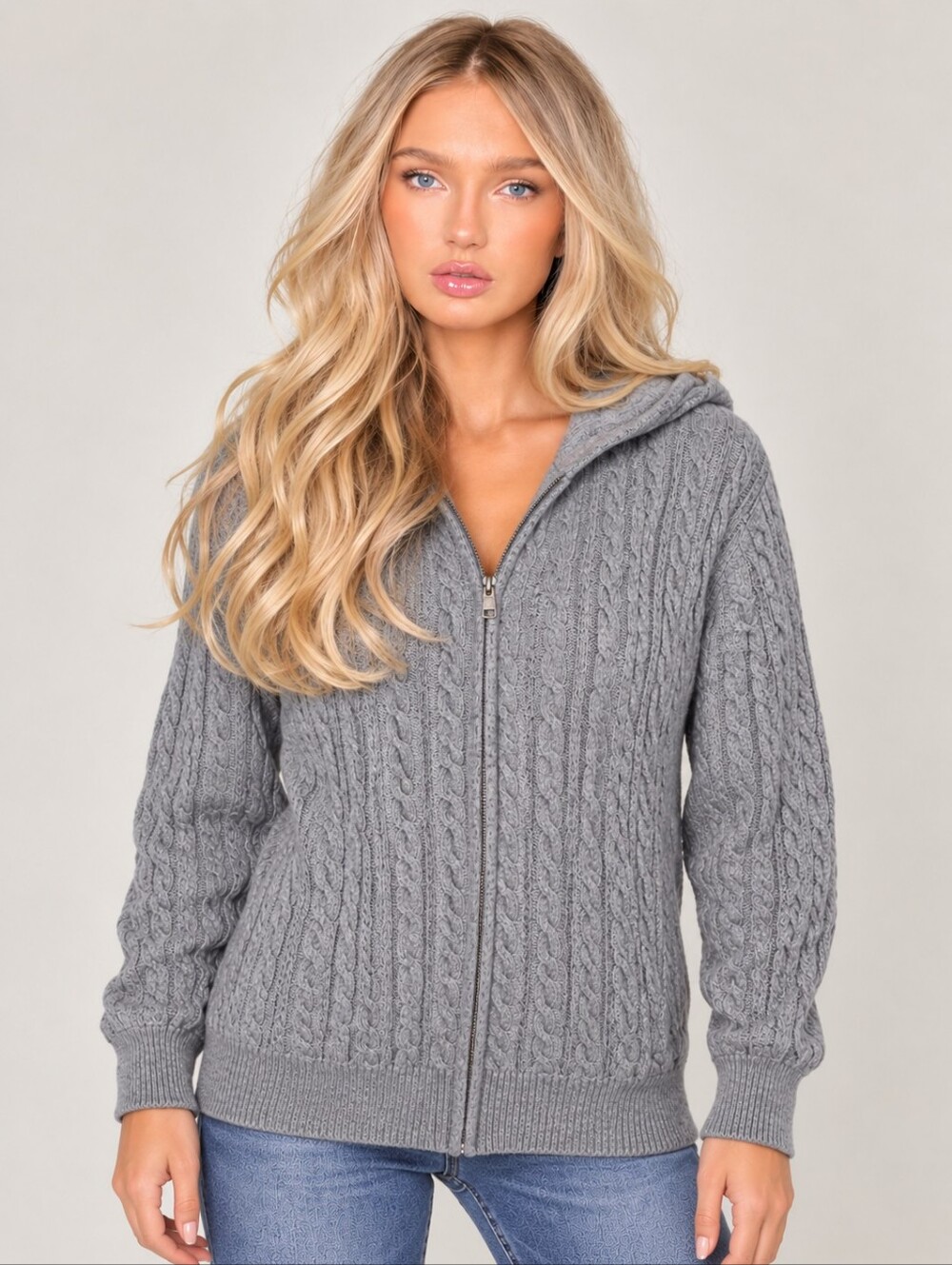 Miao Ling 100% Cashmere Cable Knit Hooded Full Zip Miao Ling Cardigan Sweater